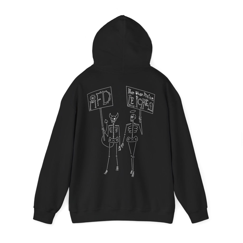 Schwarzer Hoodie „AfD? Nur über meine Leiche!“ – Rückenansicht mit Kapuze und Print